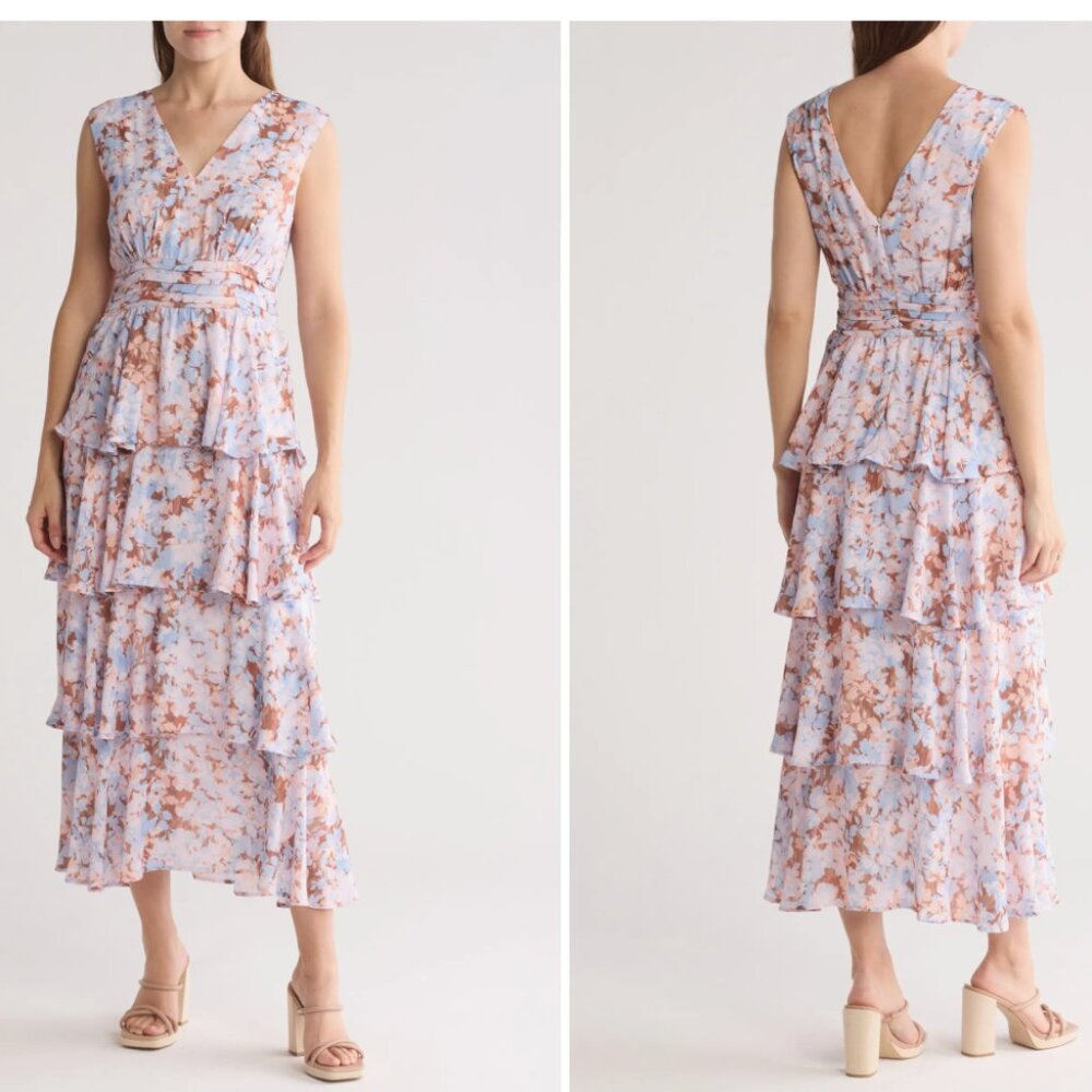 Koko + Mason Lilac Floral Ruffle Midi Dress (L)